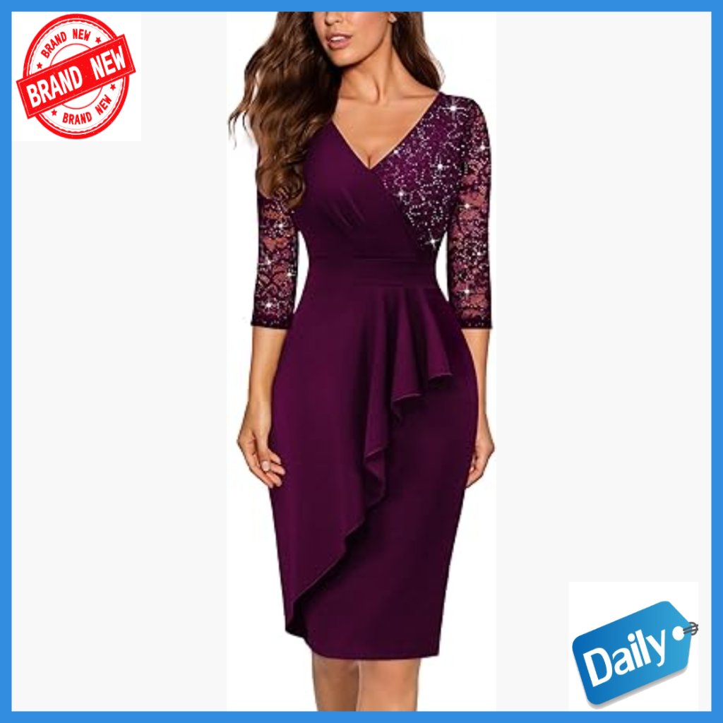 V-Neck Glitter Sequin Lace 3/4 Sleeve Cocktail Party Dress